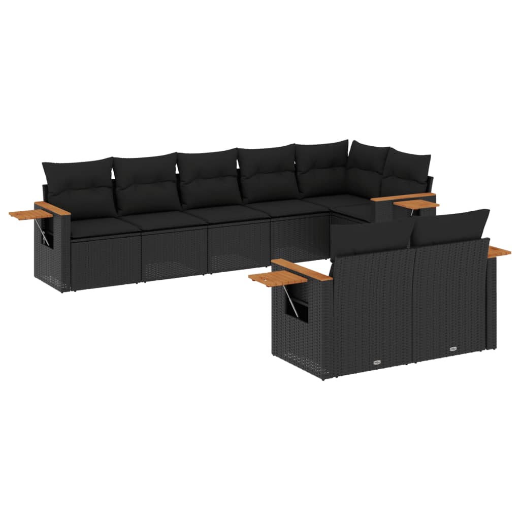 8-piece garden sofa set with cushions, black poly rattan