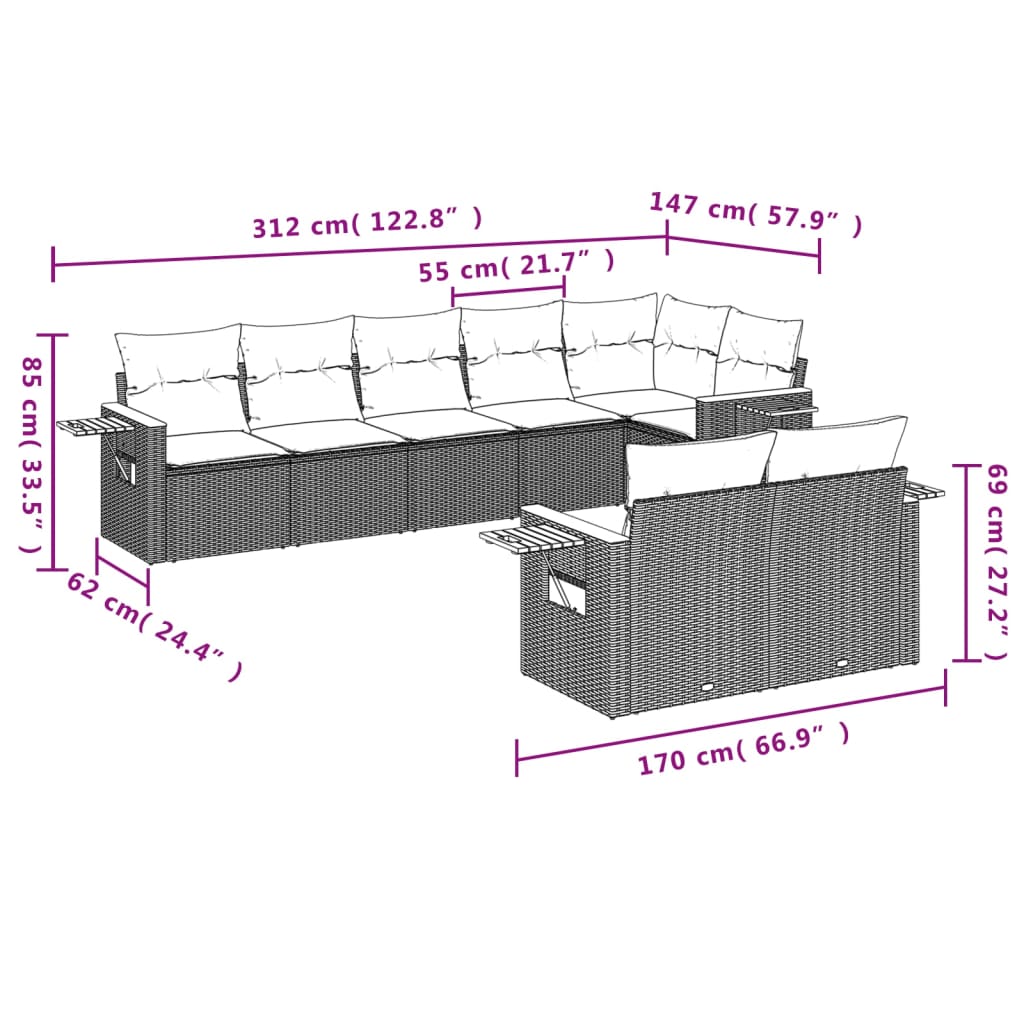 8-piece garden sofa set with cushions, black poly rattan