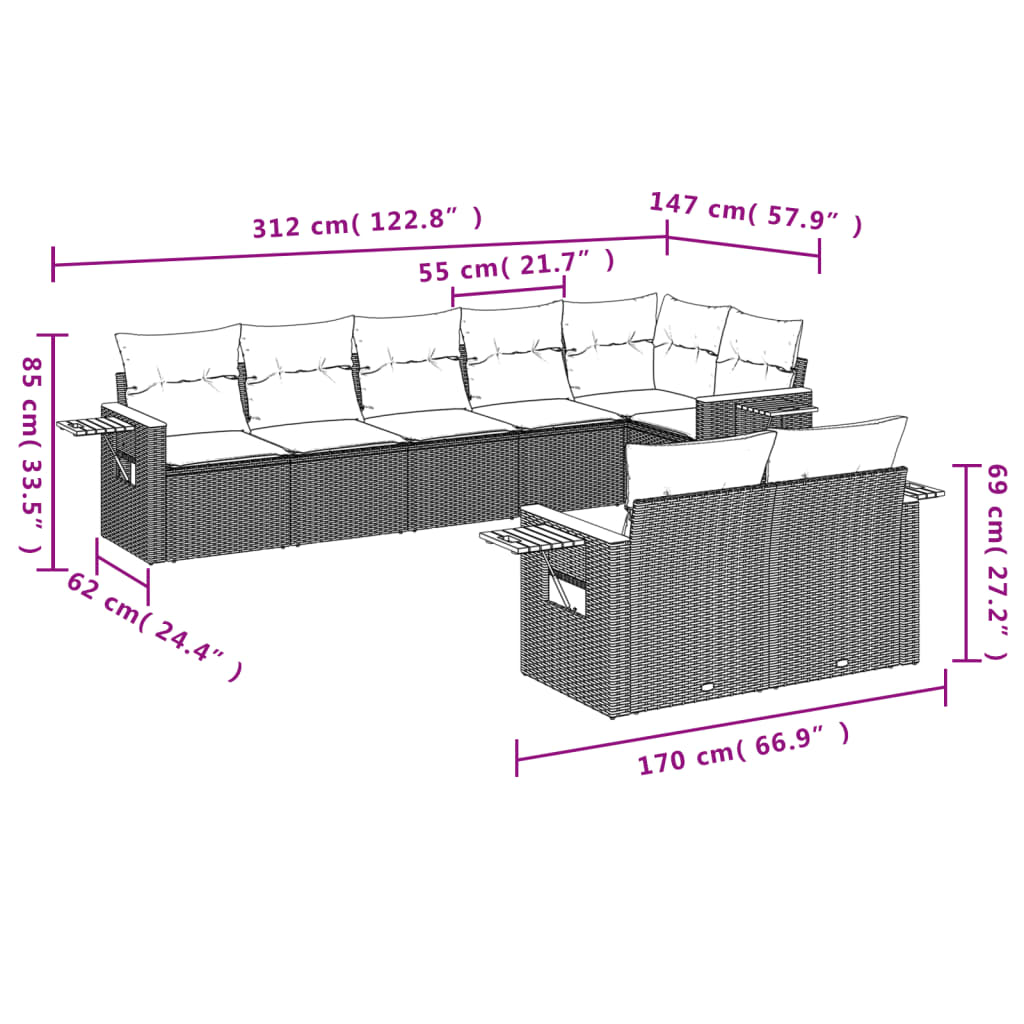 8-piece garden sofa set with cushions, black poly rattan