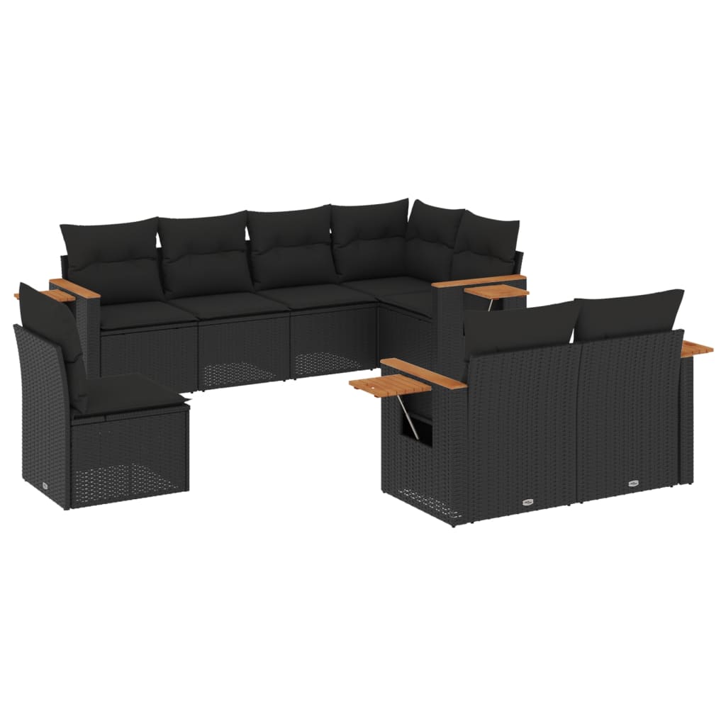 8-piece garden sofa set with cushions, black poly rattan