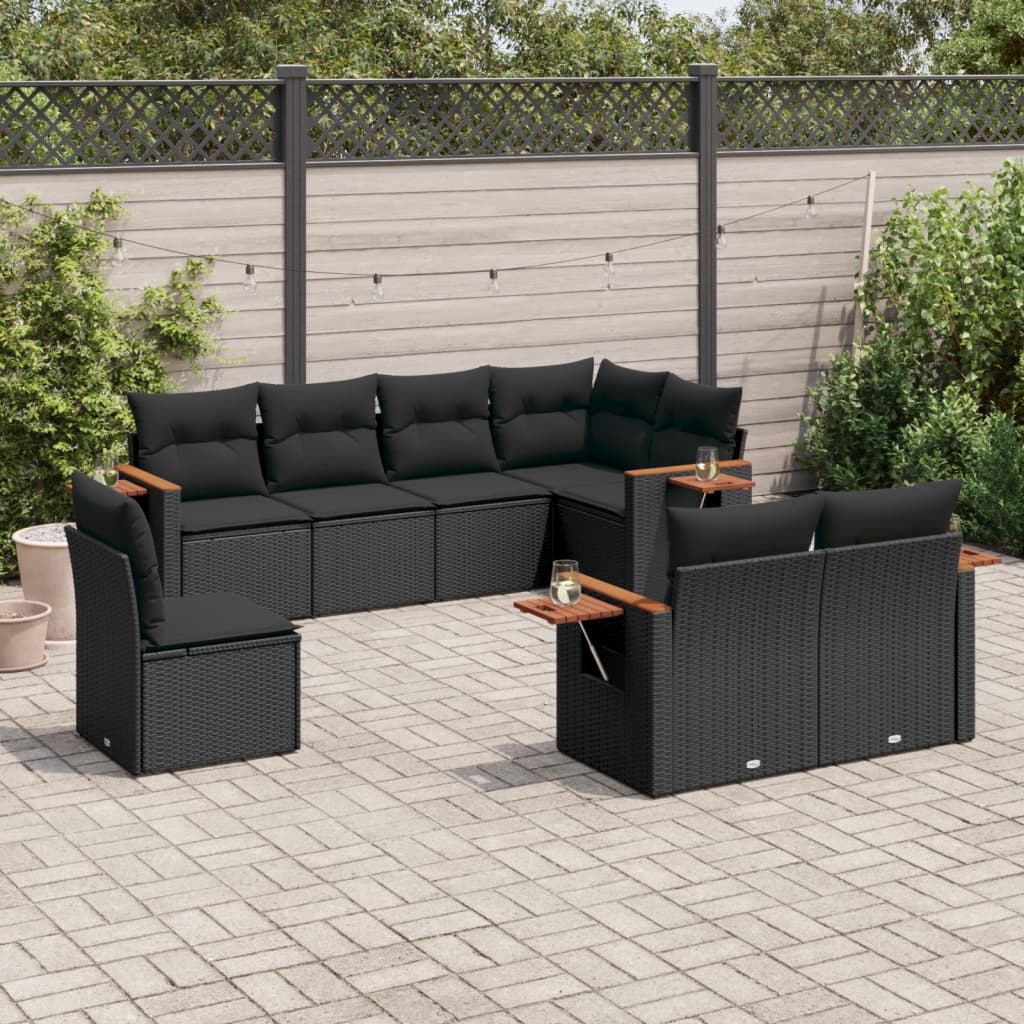 8-piece garden sofa set with cushions, black poly rattan