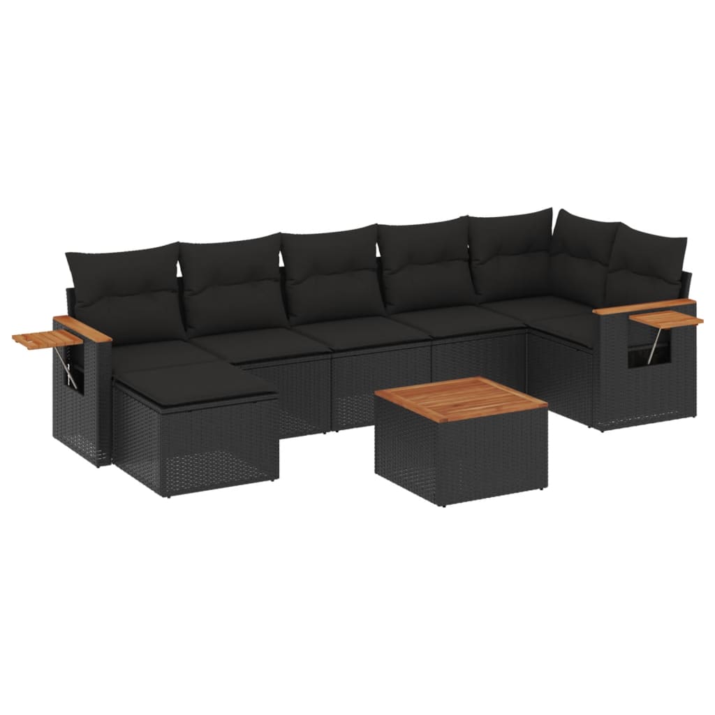 8-piece garden sofa set with cushions, black poly rattan