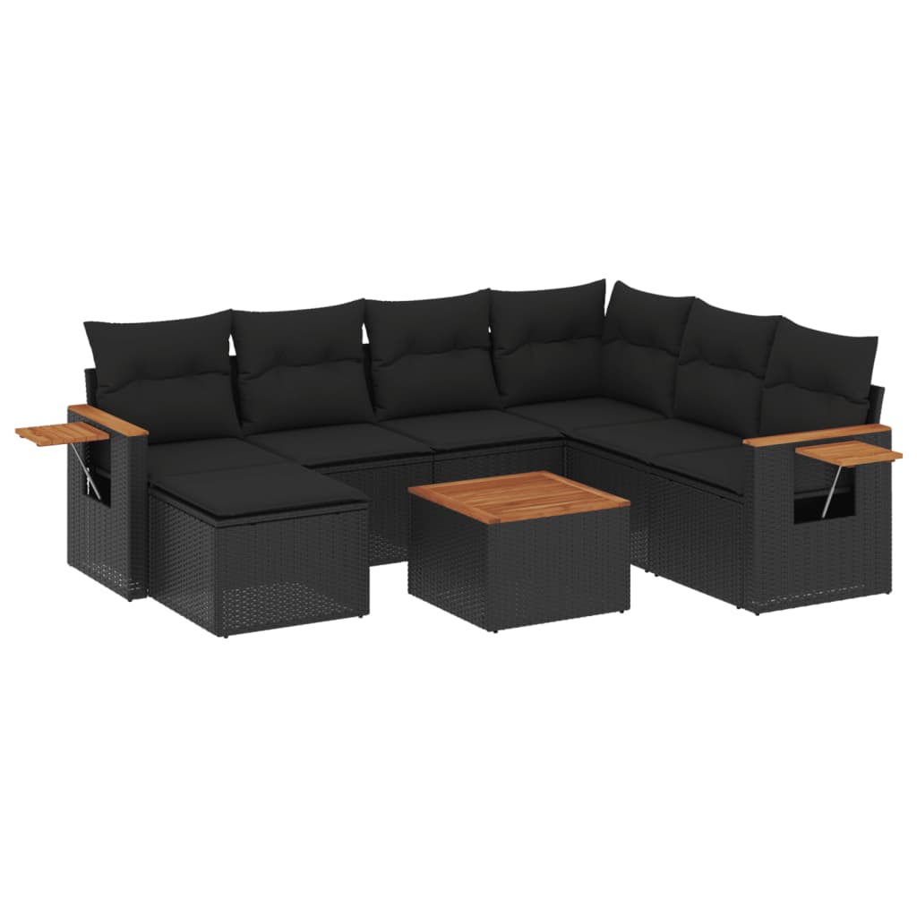 8-piece garden sofa set with cushions, black poly rattan