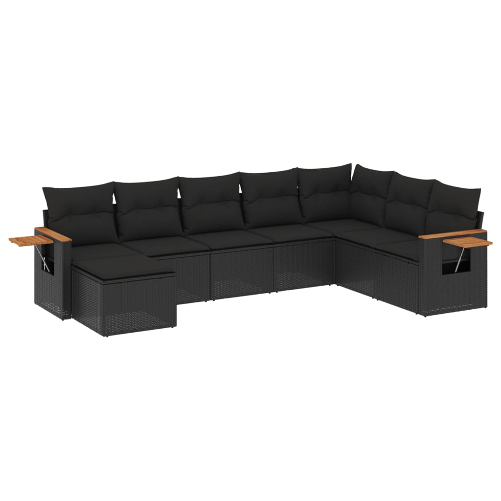 8-piece garden sofa set with cushions, black poly rattan