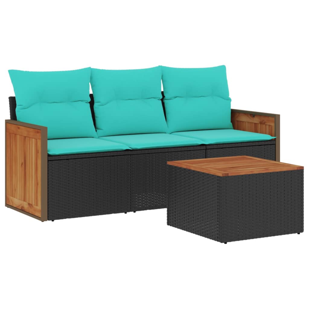 4-teiliges Gartensofa-Set mit Kissen, schwarzes Polyrattan