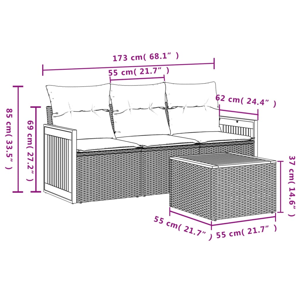4-teiliges Gartensofa-Set mit Kissen, schwarzes Polyrattan