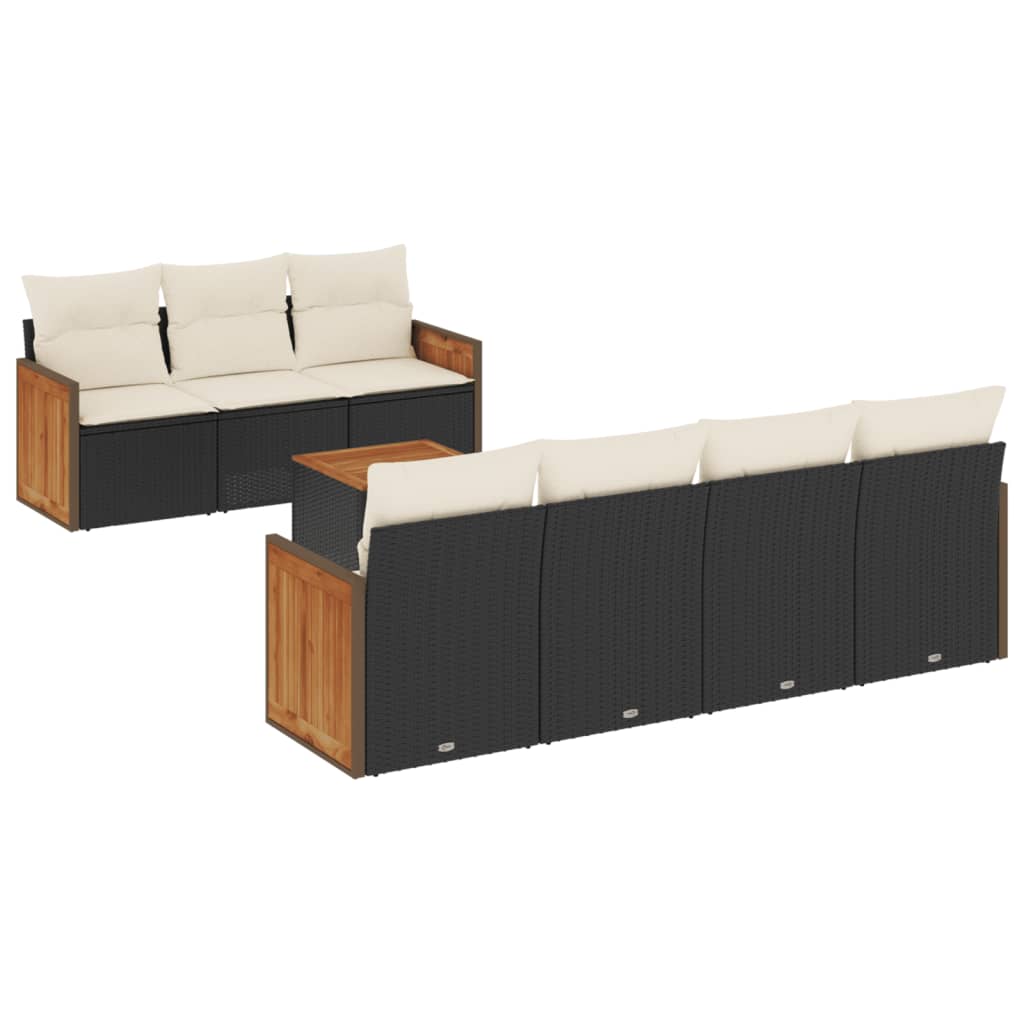 8-piece garden sofa set with cushions, black poly rattan