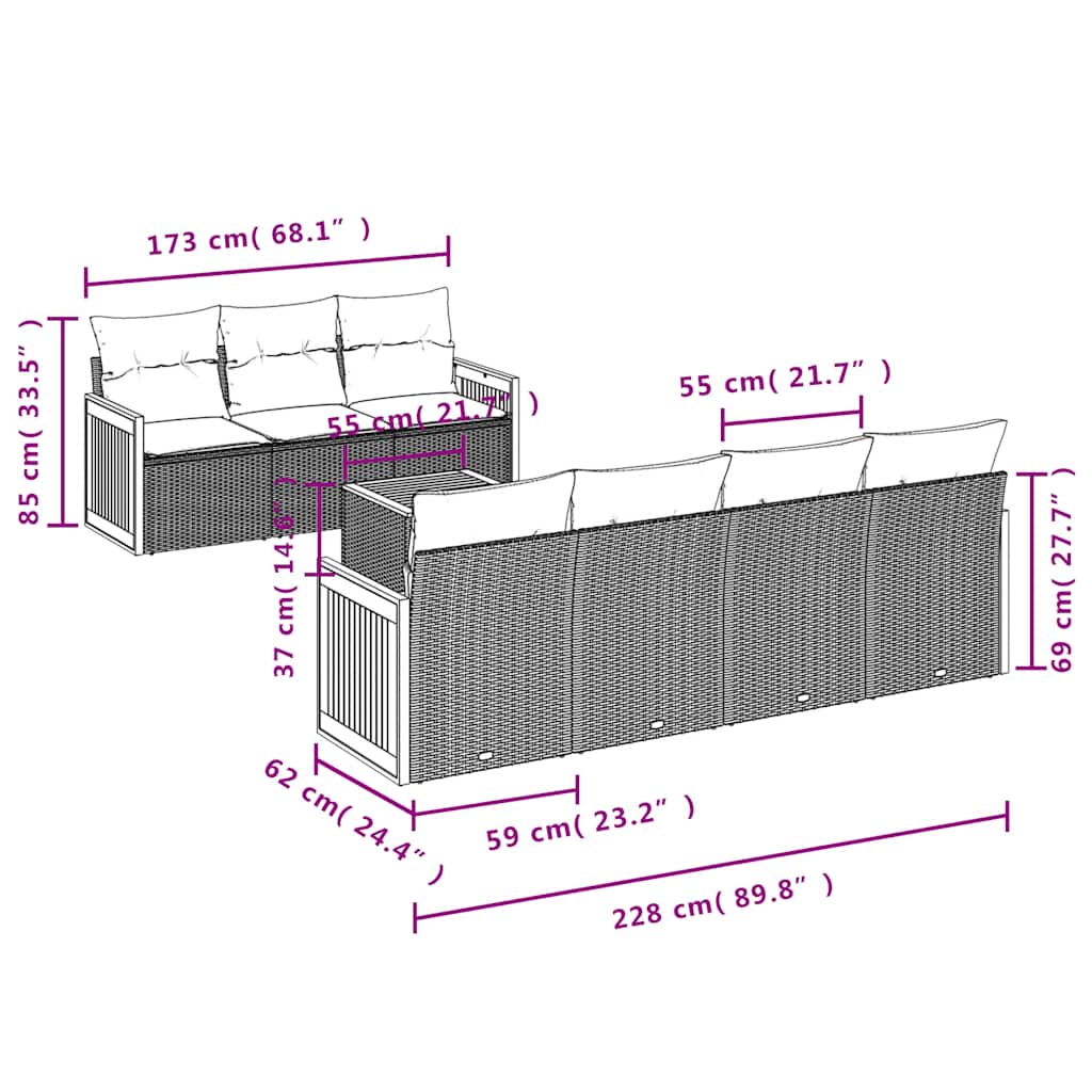 8-teiliges Gartensofa-Set mit Kissen, schwarzes Polyrattan