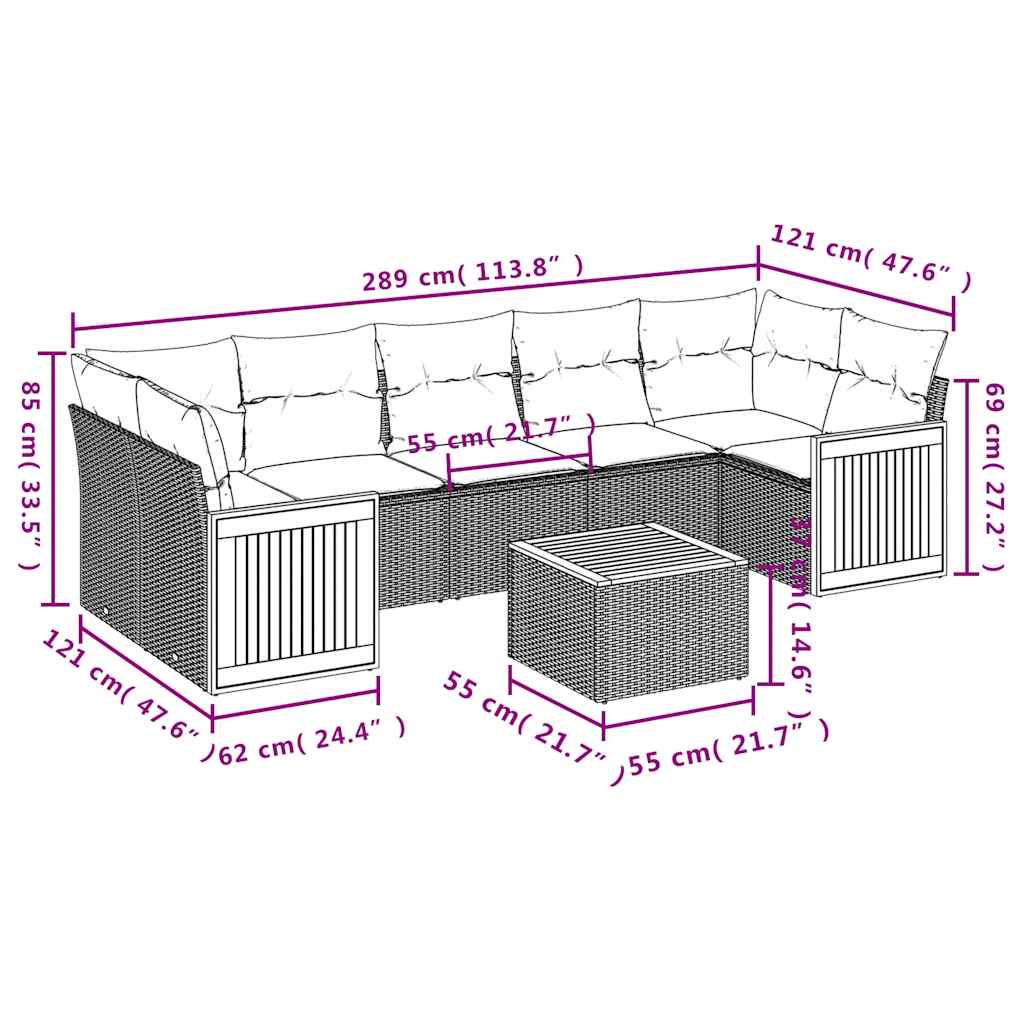 8-teiliges Gartensofa-Set mit Kissen, schwarzes Polyrattan