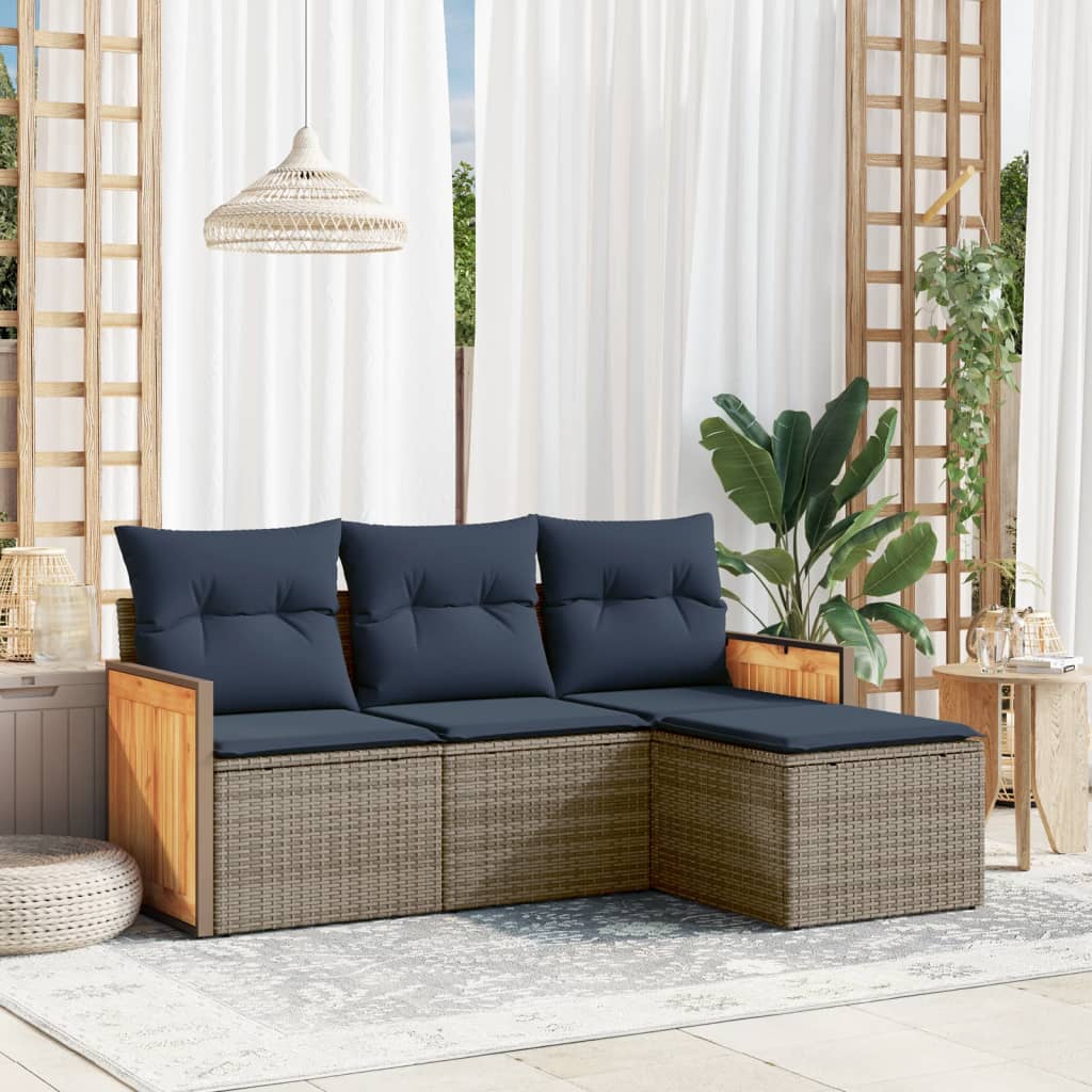 4-teiliges Gartensofa-Set mit Kissen, grau, Polyrattan