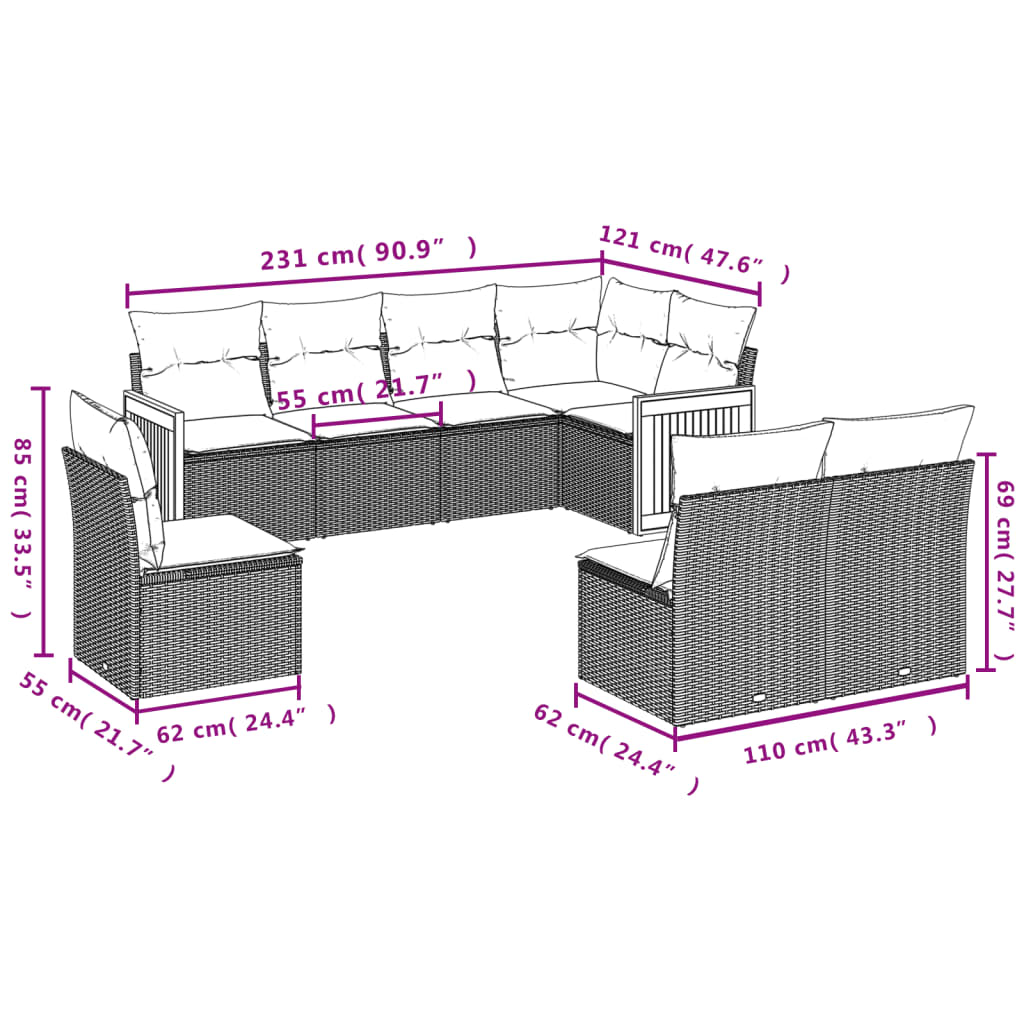 8-teiliges Gartensofa-Set mit Kissen, grau, Polyrattan