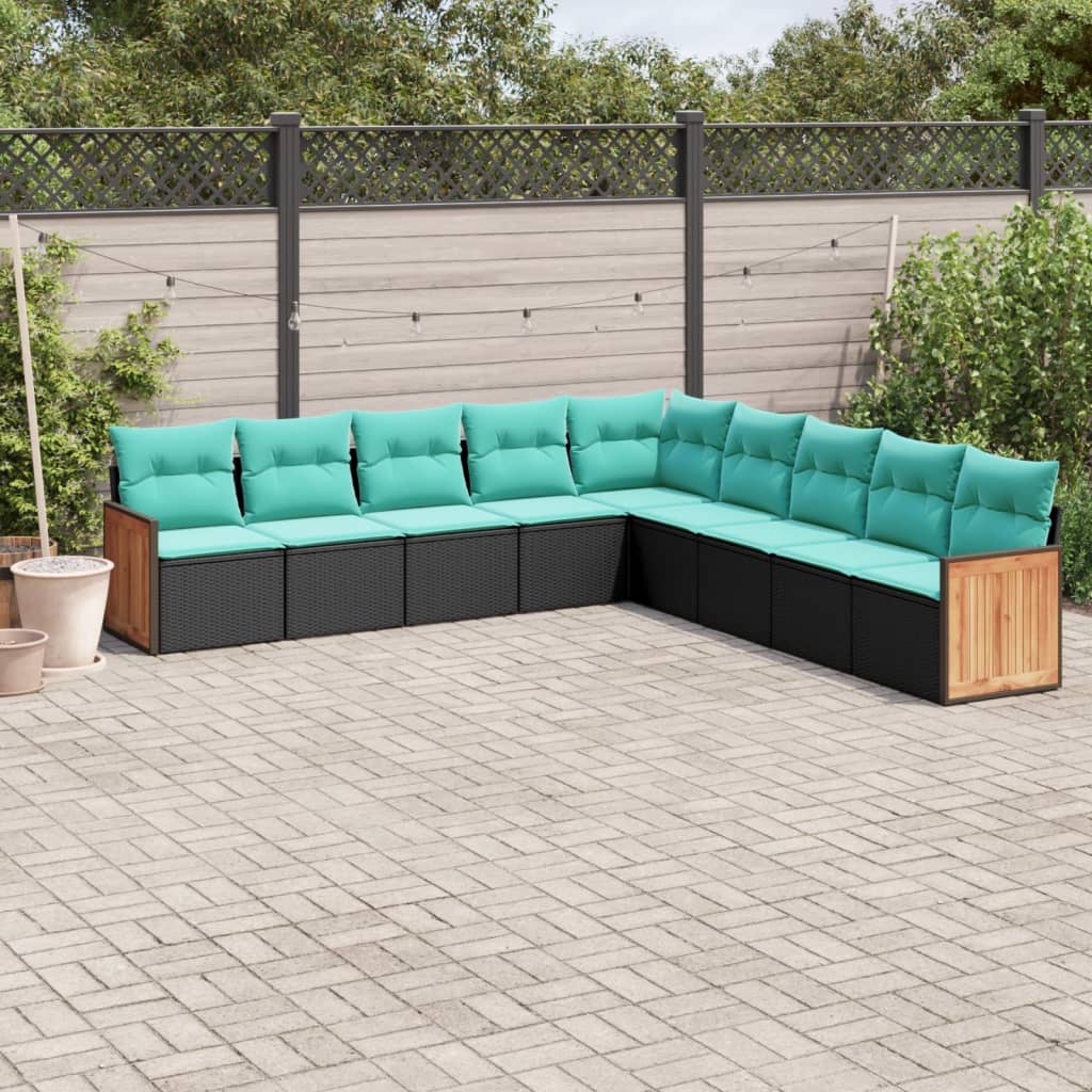 9-teiliges Gartensofa-Set mit Kissen, schwarzes Polyrattan