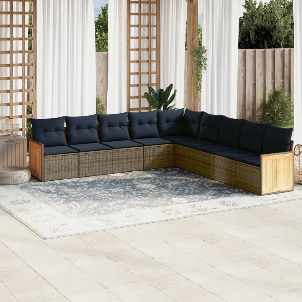 9-teiliges Gartensofa-Set mit Kissen, grau, Polyrattan