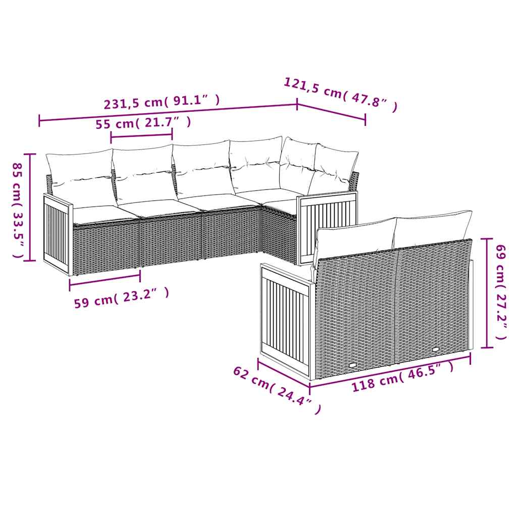 7-teiliges Gartensofa-Set mit Kissen, grau, Polyrattan