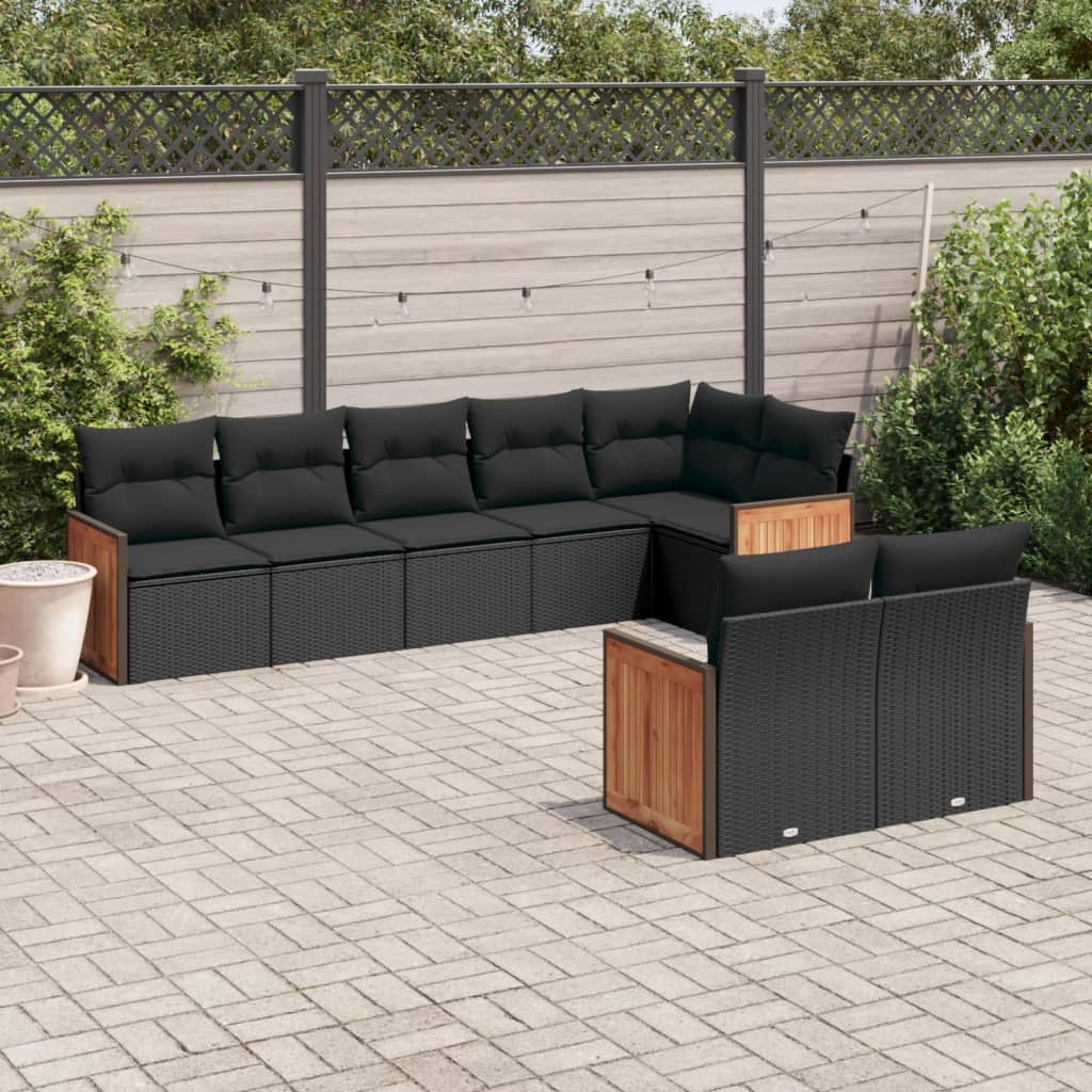 Ensemble de canapés de jardin 8 pièces avec coussins, en polyrotin noir