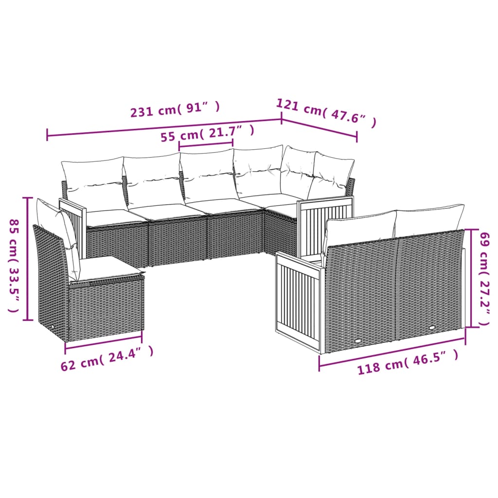 8-teiliges Gartensofa-Set mit Kissen, grau, Polyrattan
