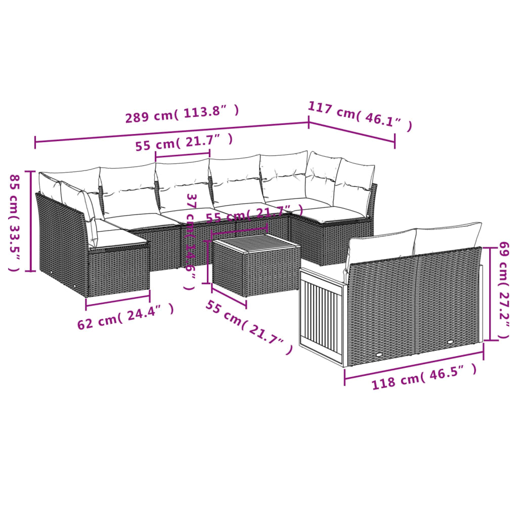 9-teiliges Gartensofa-Set mit Kissen, schwarzes Polyrattan