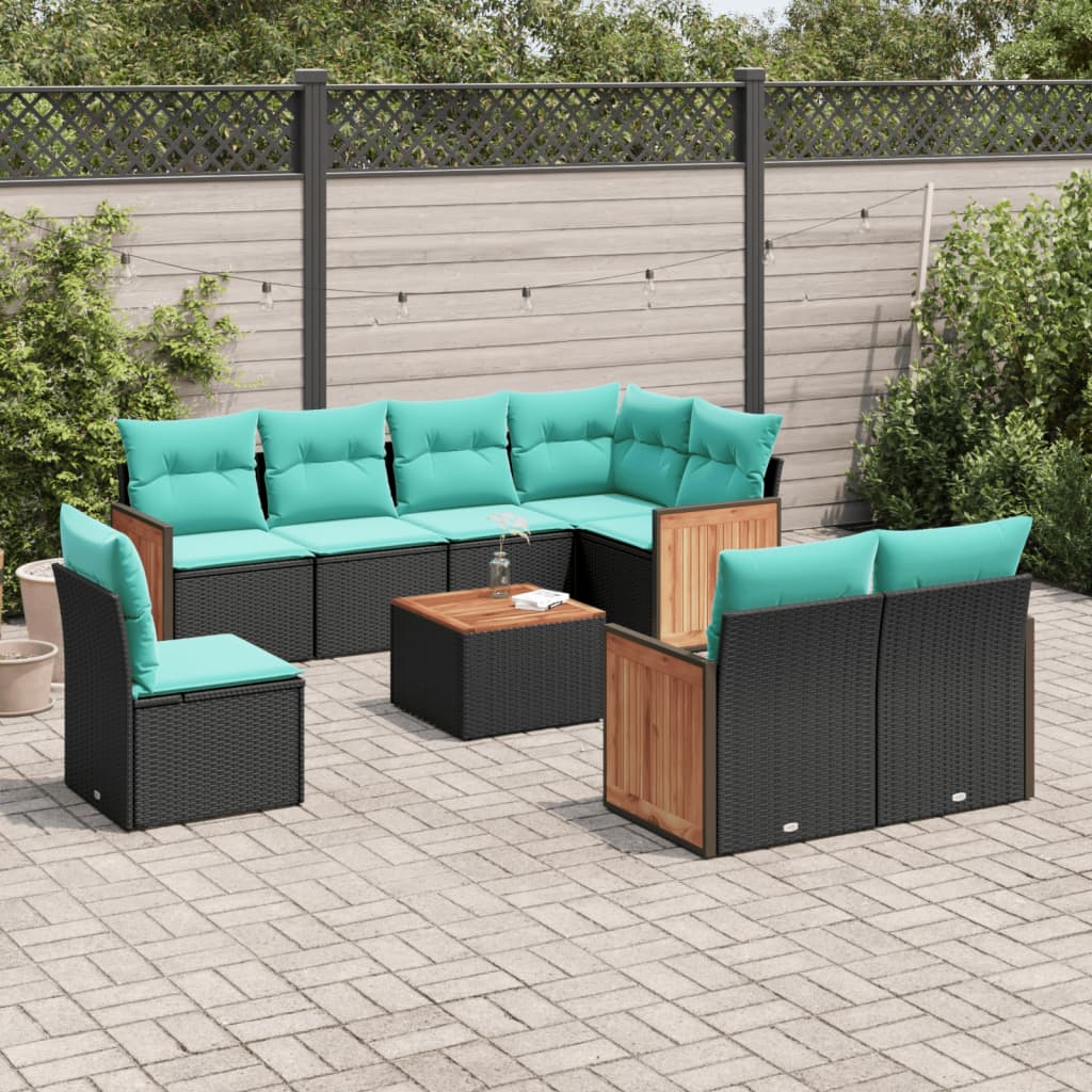 9-teiliges Gartensofa-Set mit Kissen, schwarzes Polyrattan