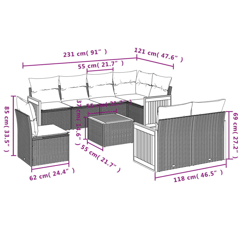 9-teiliges Gartensofa-Set mit Kissen, grau, Polyrattan