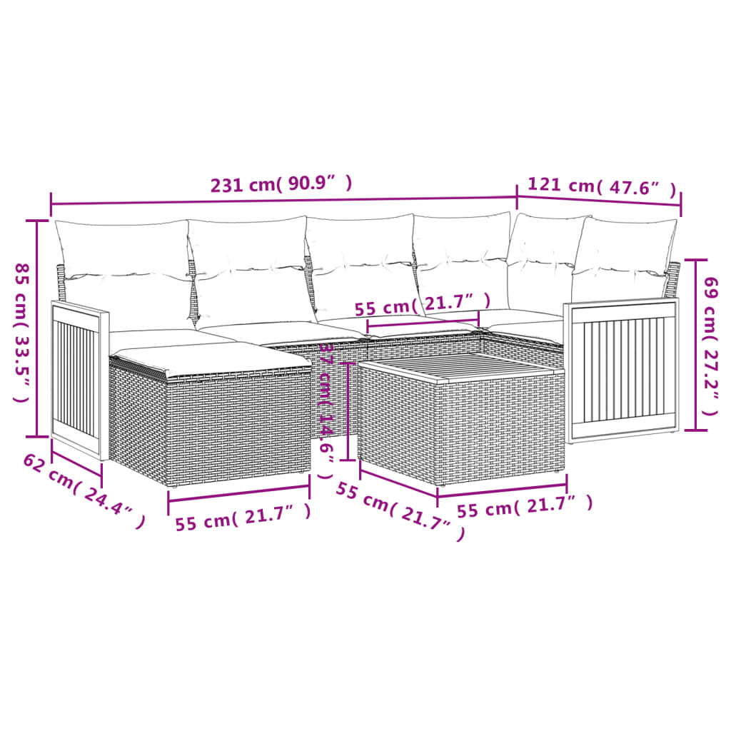7-teiliges Gartensofa-Set mit Kissen, grau, Polyrattan