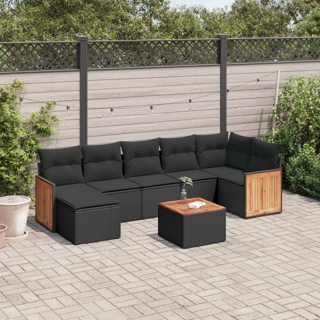 Ensemble de canapés de jardin 8 pièces avec coussins, en polyrotin noir