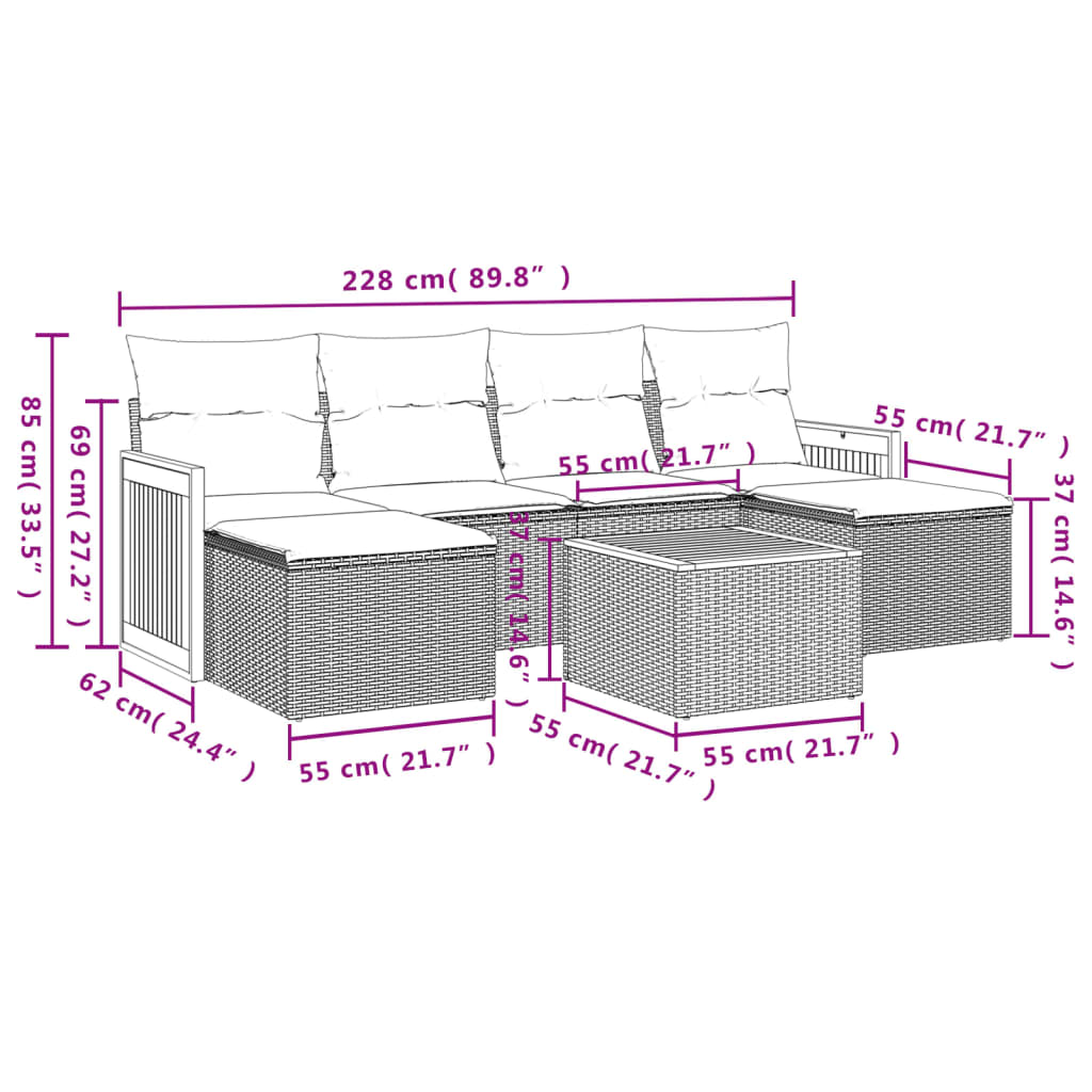 7-teiliges Gartensofa-Set mit Kissen, schwarzes Polyrattan