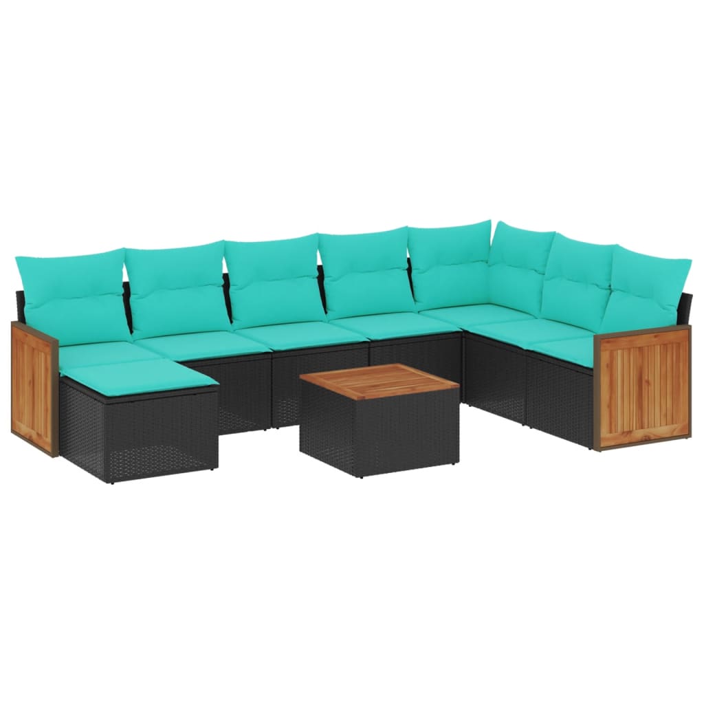 9-teiliges Gartensofa-Set mit Kissen, schwarzes Polyrattan