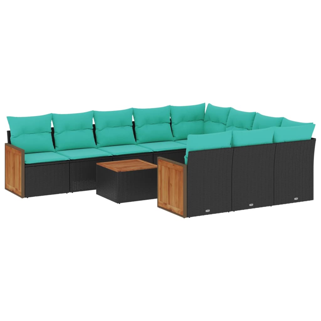 11-teiliges Gartensofa-Set mit Kissen, schwarzes Polyrattan