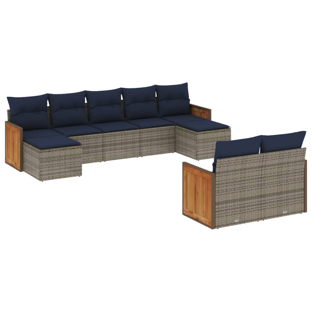 9-teiliges Gartensofa-Set mit Kissen, grau, Polyrattan