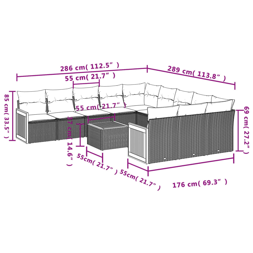 12-teiliges Gartensofa-Set mit Kissen, grau, Polyrattan