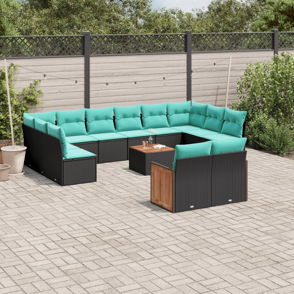 13-teiliges Gartensofa-Set mit Kissen, schwarzes Polyrattan