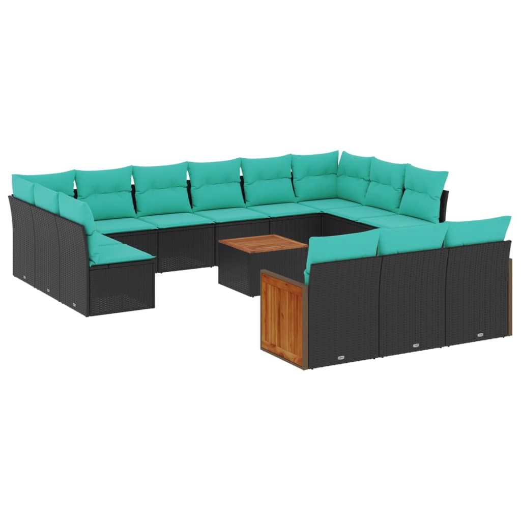 14-teiliges Gartensofa-Set mit Kissen, schwarzes Polyrattan