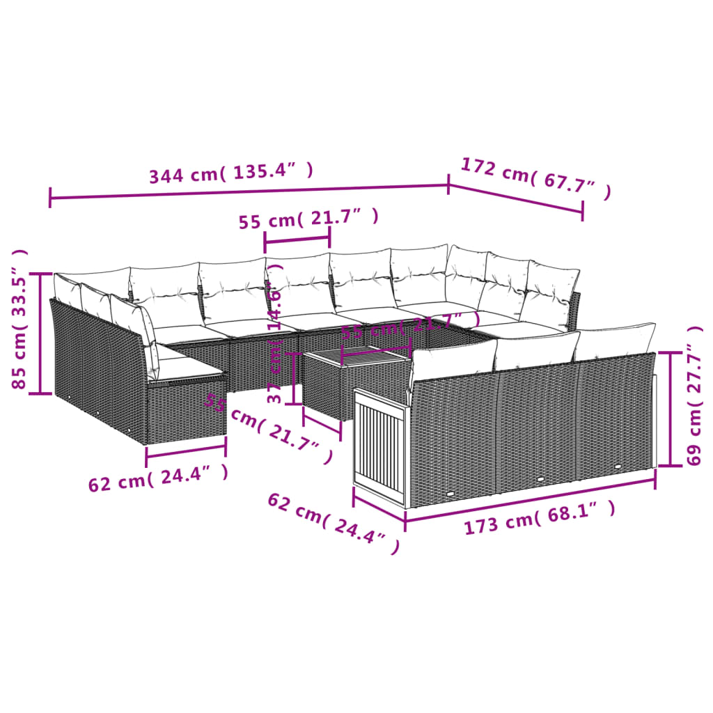 14-teiliges Gartensofa-Set mit Kissen, schwarzes Polyrattan