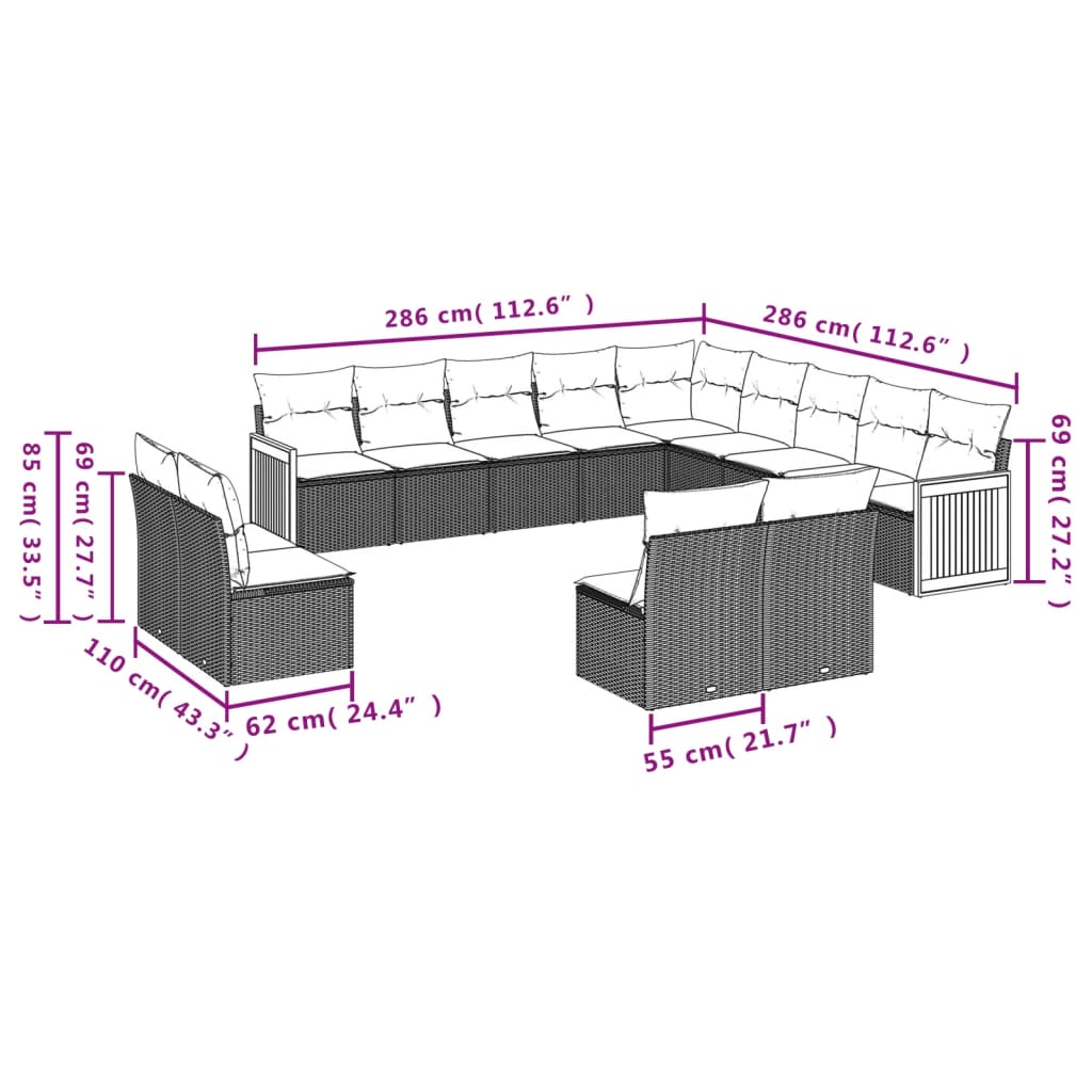 13-teiliges Gartensofa-Set mit Kissen, grau, Polyrattan
