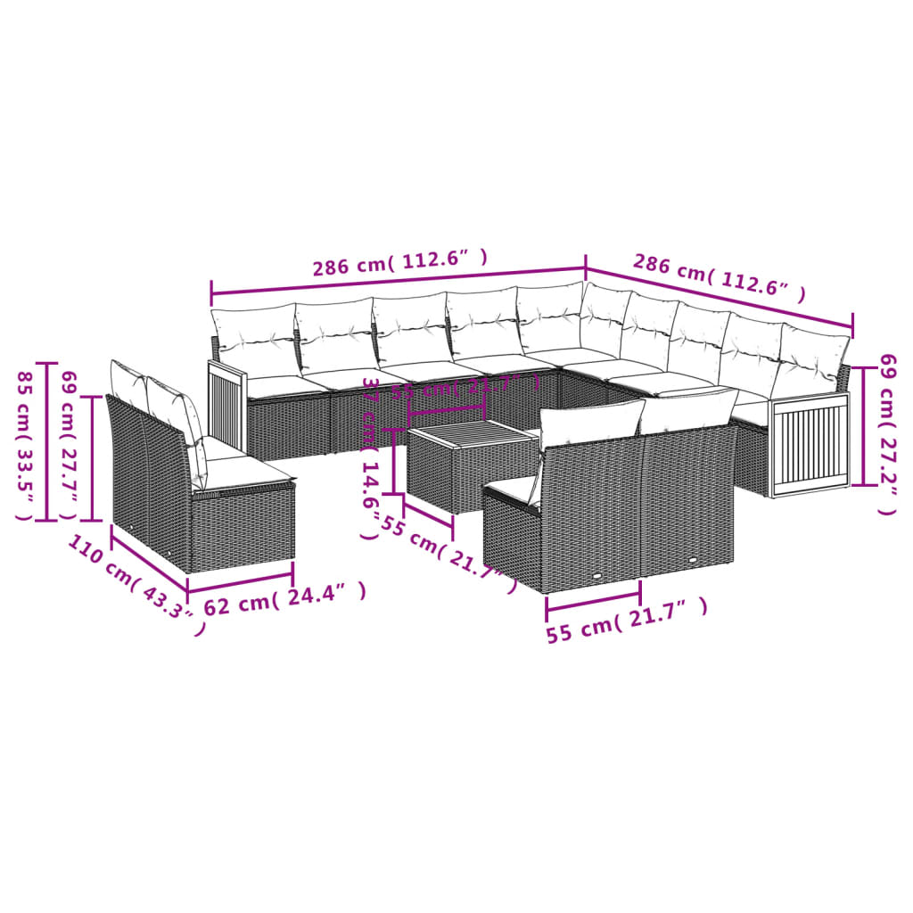 14-teiliges Gartensofa-Set mit Kissen, grau, Polyrattan
