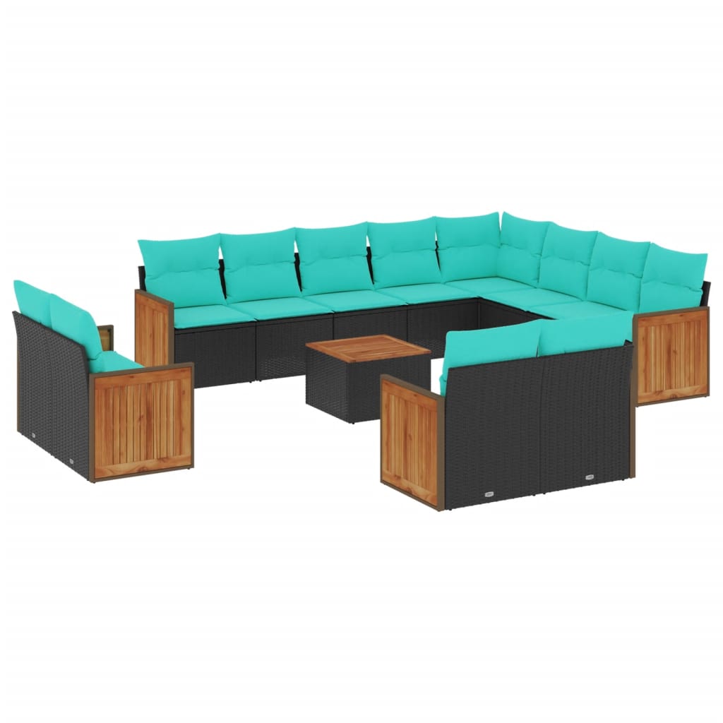 13-teiliges Gartensofa-Set mit Kissen, schwarzes Polyrattan