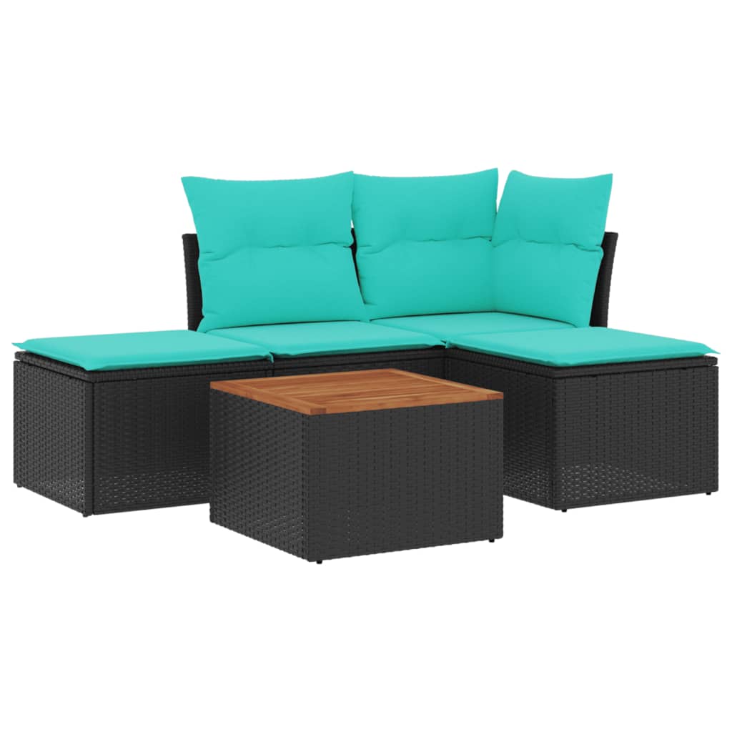 5-tlg. Garten-Sofagarnitur mit Kissen Schwarz Poly Rattan