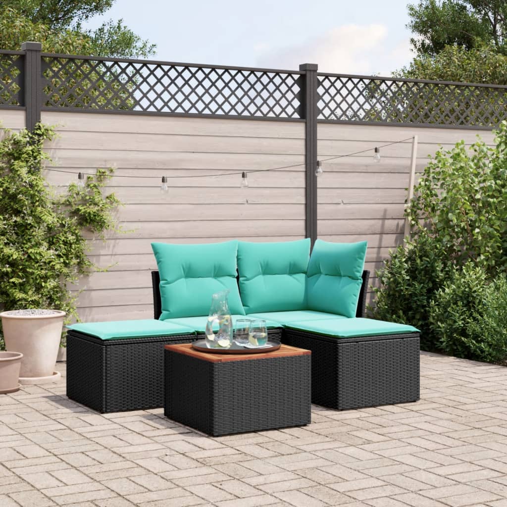 5-tlg. Garten-Sofagarnitur mit Kissen Schwarz Poly Rattan
