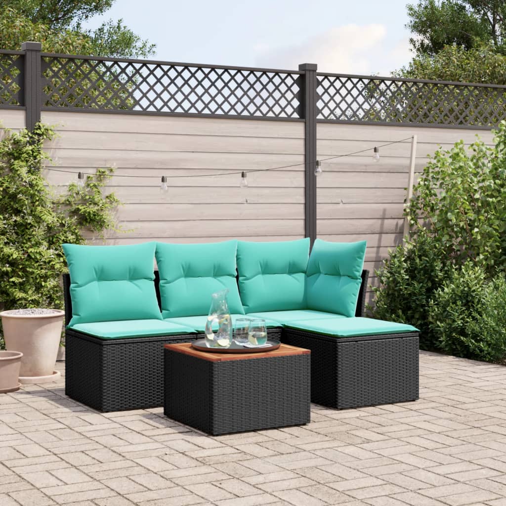 5-tlg. Garten-Sofagarnitur mit Kissen Schwarz Poly Rattan