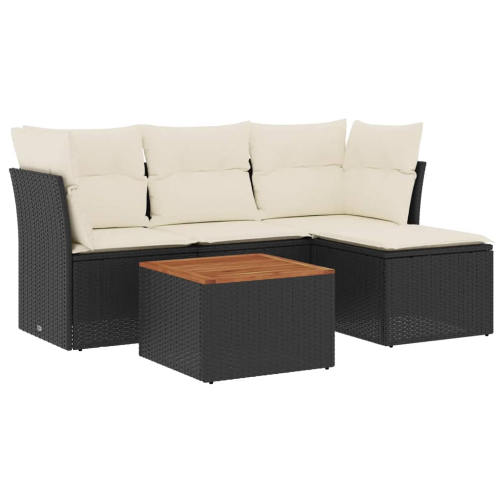 5-piece garden sofa set with cushions, black poly rattan