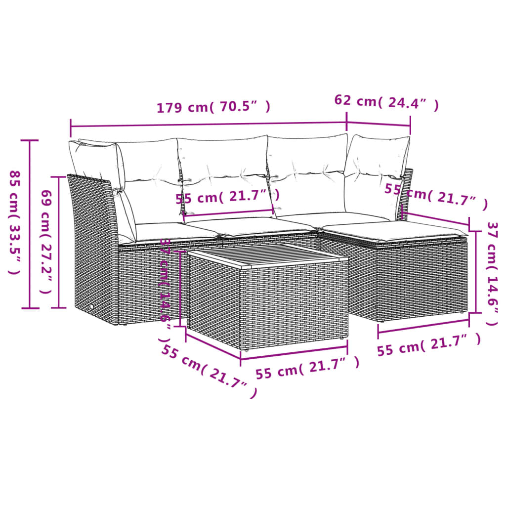5-piece garden sofa set with cushions, black poly rattan