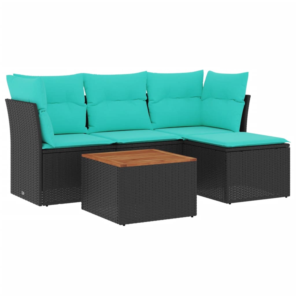 5-tlg. Garten-Sofagarnitur mit Kissen Schwarz Poly Rattan