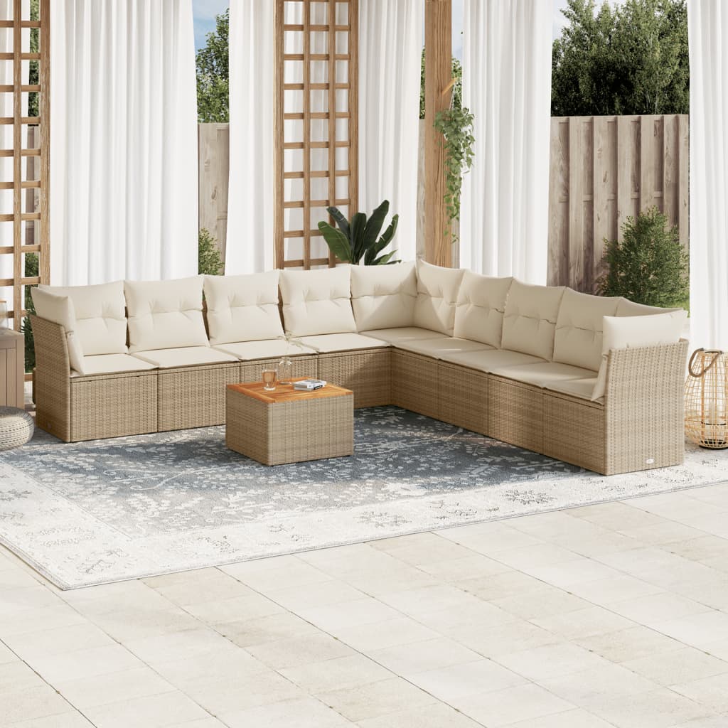 Ensemble de canapés de jardin 10 pièces avec coussins, en résine tressée beige