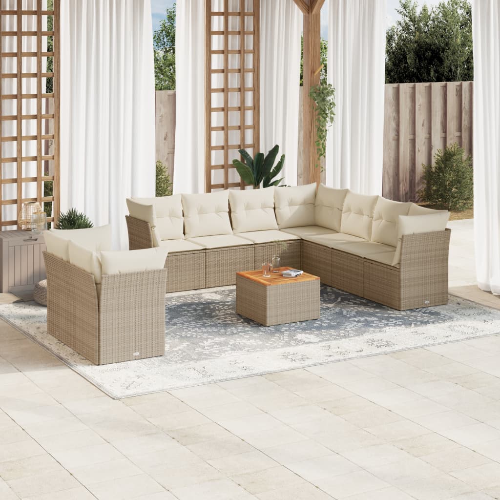 Ensemble de canapés de jardin 10 pièces avec coussins, en résine tressée beige