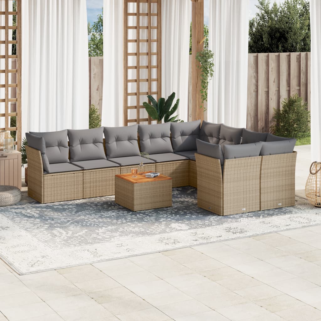 Ensemble de canapés de jardin 10 pièces avec coussins, en résine tressée beige