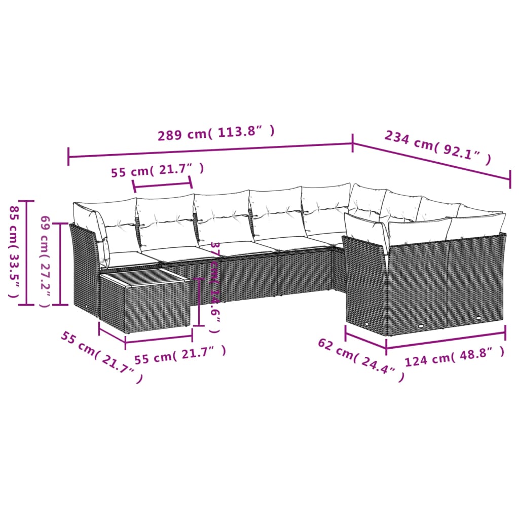 Ensemble de canapés de jardin 10 pièces avec coussins, en résine tressée beige