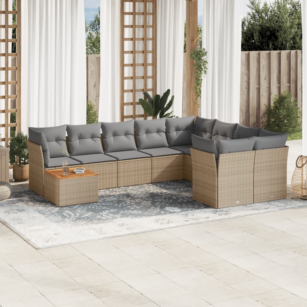 Ensemble de canapés de jardin 10 pièces avec coussins, en résine tressée beige