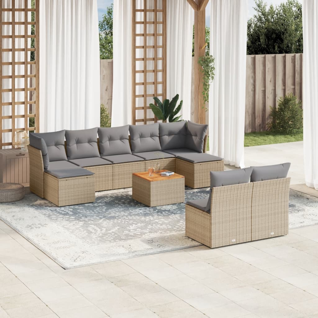Ensemble de canapés de jardin 10 pièces avec coussins, en résine tressée beige
