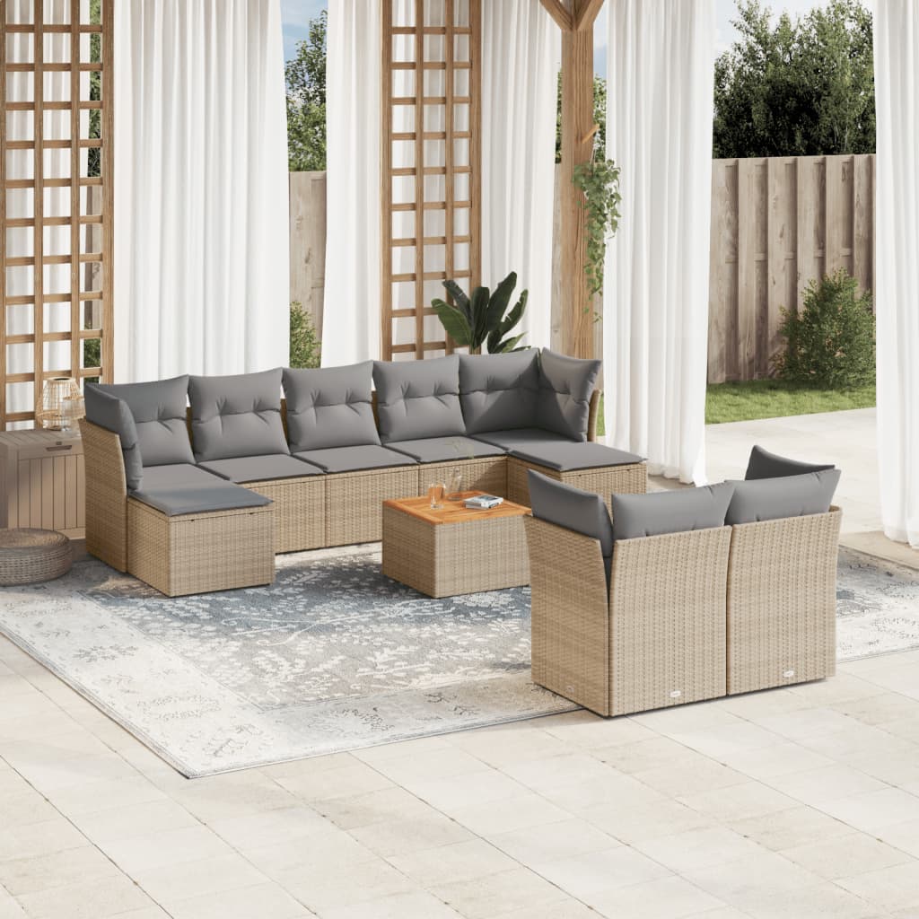 Ensemble de canapés de jardin 10 pièces avec coussins, en résine tressée beige