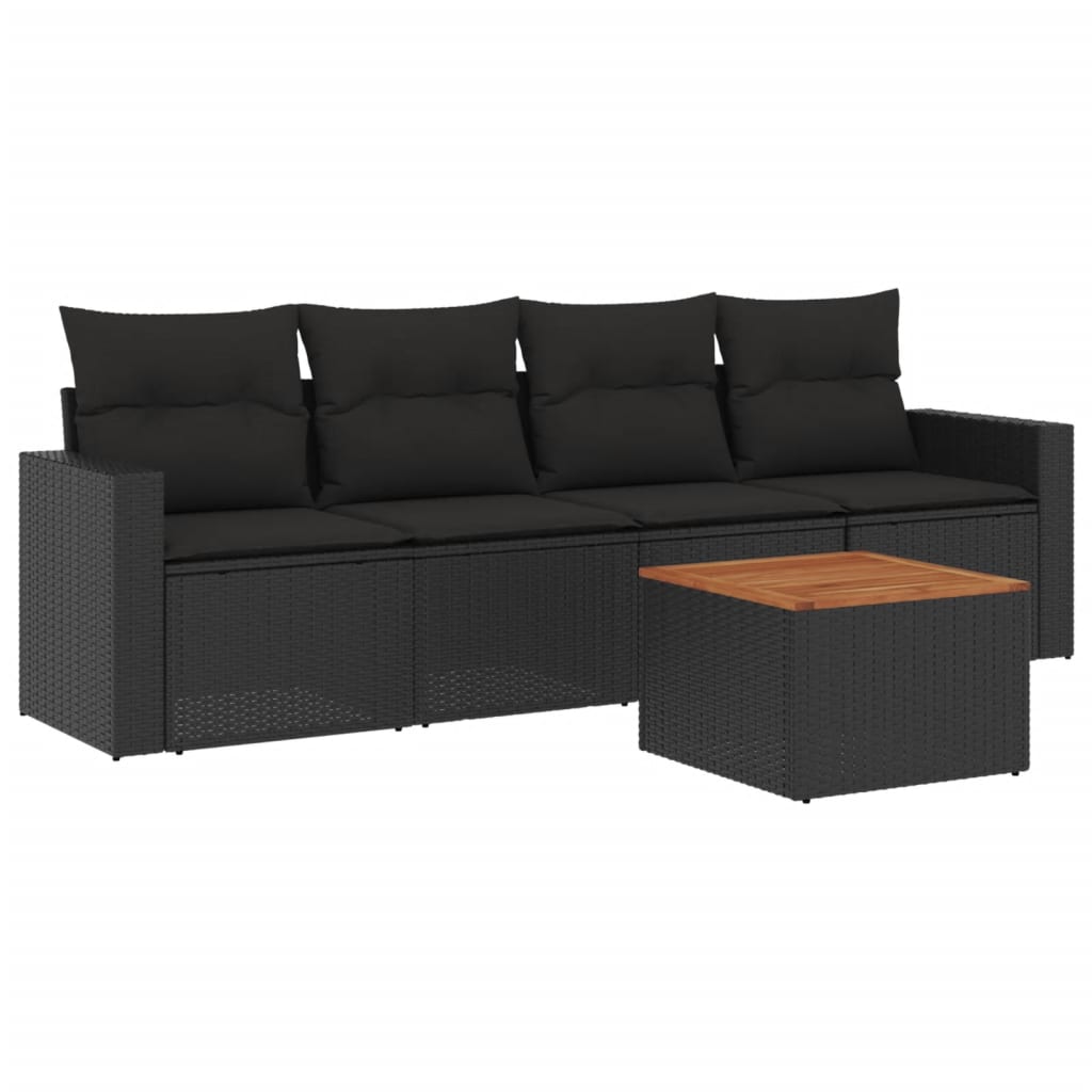 5-piece garden sofa set with cushions, black poly rattan